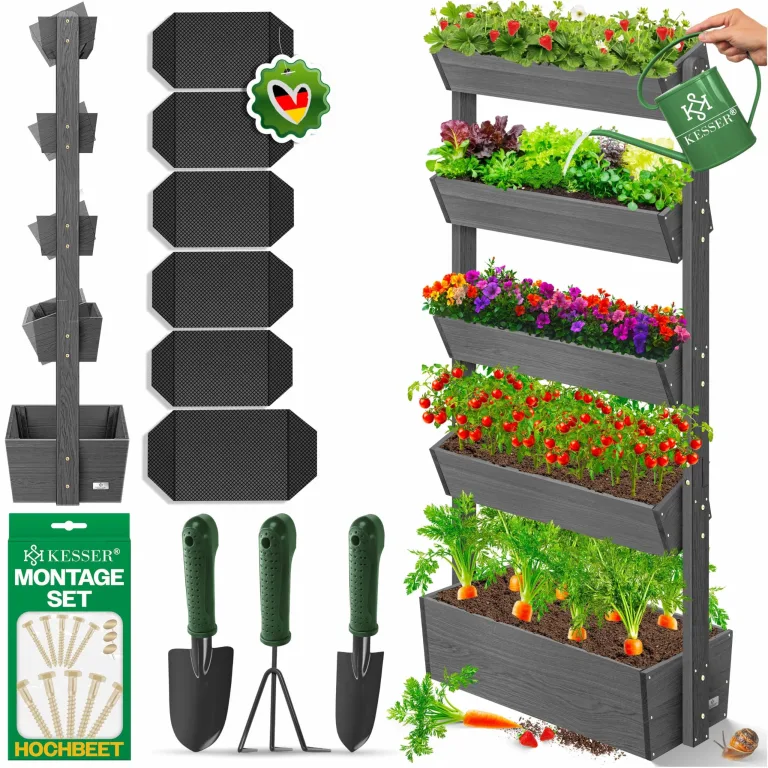 KESSER® Hochbeet mit 5 Etagen Premium Blumenkasten Blumentreppe Pflanztreppe Gemüsebeet Kräuterbeet Pflanzkübel Frühbeet Blumenbeet Pflanzkasten mit Gartenvlies - Beet inkl. Schaufelset, Anthrazit – Bild 1