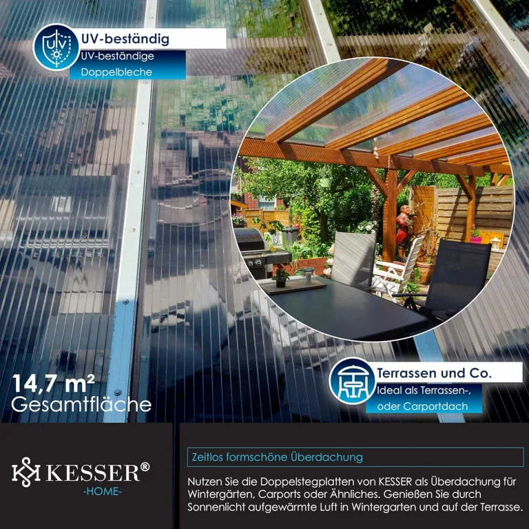 KESSER® 14x Polycarbonat Hohlkammerstegplatten 4mm | 14,7m² Doppelstegplatte - 70 x 150 | Stegplatten UV-beständig Für Gewächshaus Gartenbau Carports | 50xKlammern, 50xZ-Clips & 30xGewächshausclips – Bild 5