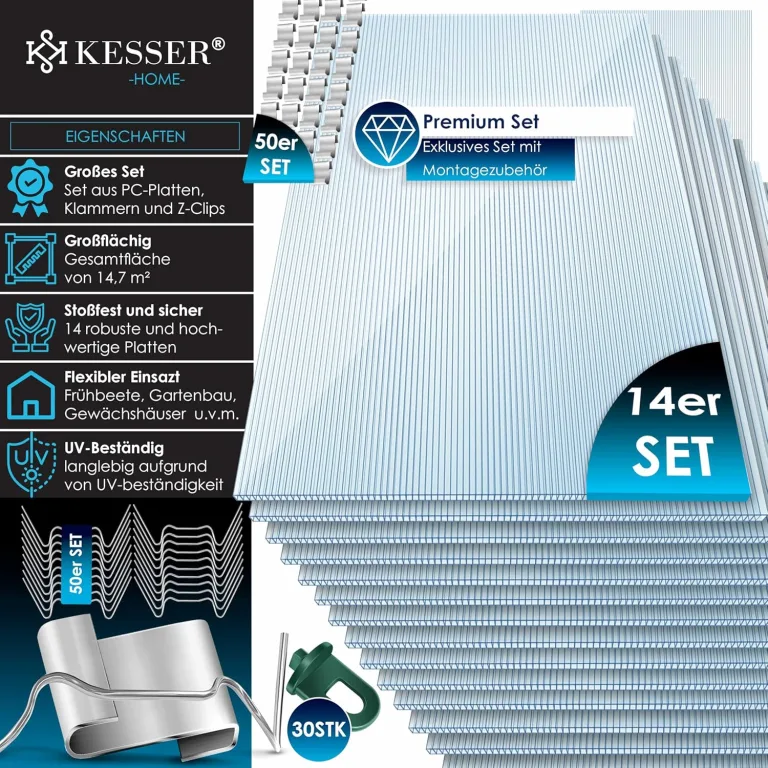 KESSER® 14x Polycarbonat Hohlkammerstegplatten 4mm | 14,7m² Doppelstegplatte - 70 x 150 | Stegplatten UV-beständig Für Gewächshaus Gartenbau Carports | 50xKlammern, 50xZ-Clips & 30xGewächshausclips – Bild 3