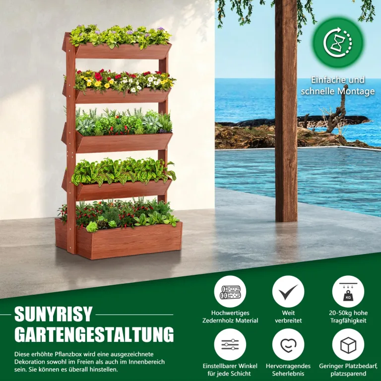 SUNYRISY Holz Hochbeet Vertikalbeet Premium Blumenkasten Balkon, 5 Etagen Outdoor Blumentreppe Pflanztreppen Gemüsebeet Kräuterbeet Mit Etagen, Balkon Garten Terrasse Dekoration – Bild 3