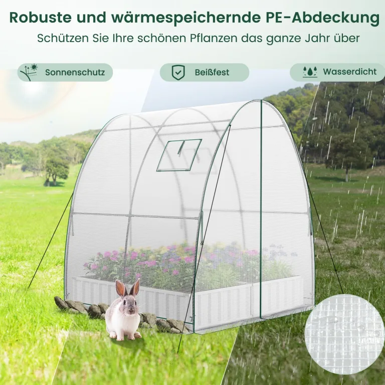 COSTWAY Foliengewächshaus Gewächshaus, Treibhaus mit Allwetter-PE-Abdeckung, Rolltür und Fenster, Tomatengewächshaus Tomatenhaus, Pflanzenhaus für Tomaten & Topfpflanzen (181x181x200 cm, Weiß) – Bild 2