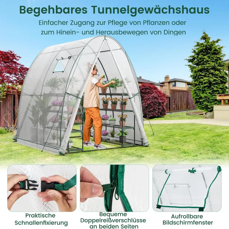 COSTWAY Foliengewächshaus Gewächshaus, Treibhaus mit Allwetter-PE-Abdeckung, Rolltür und Fenster, Tomatengewächshaus Tomatenhaus, Pflanzenhaus für Tomaten & Topfpflanzen (181x181x200 cm, Weiß) – Bild 5