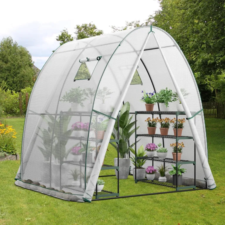 COSTWAY Foliengewächshaus Gewächshaus, Treibhaus mit Allwetter-PE-Abdeckung, Rolltür und Fenster, Tomatengewächshaus Tomatenhaus, Pflanzenhaus für Tomaten & Topfpflanzen (181x181x200 cm, Weiß) – Bild 7