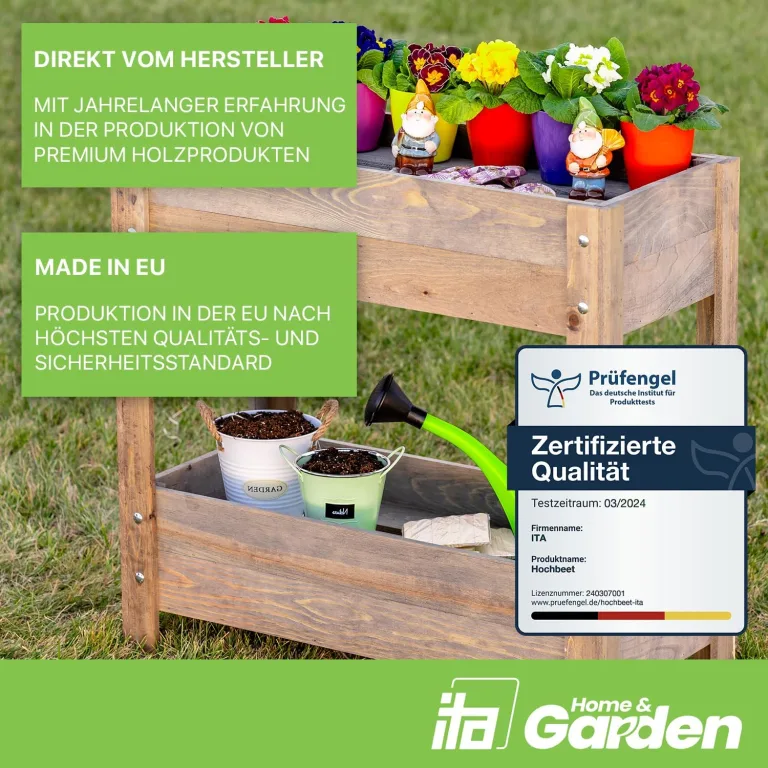 ITA Hochbeet aus Holz 80x37x78 cm - Pflanzkasten mit 2 Ebenen & Innenfolie - Made in EU - Direkt vom Hersteller - FSC Kiefernholz - Pflanzbeet Blumenkasten für Garten Balkon Terrasse - Natur – Bild 2