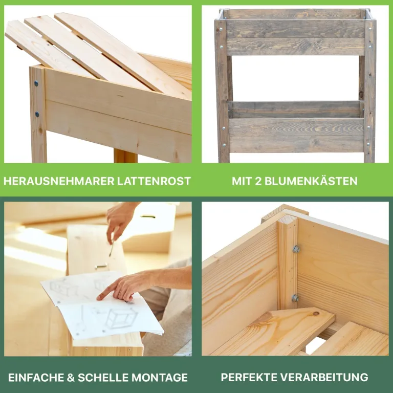 ITA Hochbeet aus Holz 80x37x78 cm - Pflanzkasten mit 2 Ebenen & Innenfolie - Made in EU - Direkt vom Hersteller - FSC Kiefernholz - Pflanzbeet Blumenkasten für Garten Balkon Terrasse - Natur – Bild 4