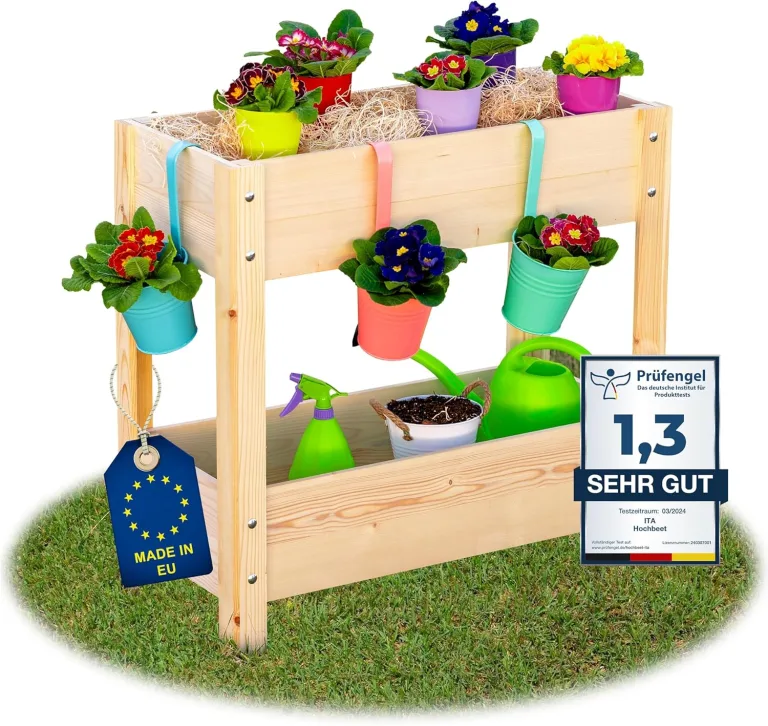 ITA Hochbeet aus Holz 80x37x78 cm - Pflanzkasten mit 2 Ebenen & Innenfolie - Made in EU - Direkt vom Hersteller - FSC Kiefernholz - Pflanzbeet Blumenkasten für Garten Balkon Terrasse - Natur – Bild 1