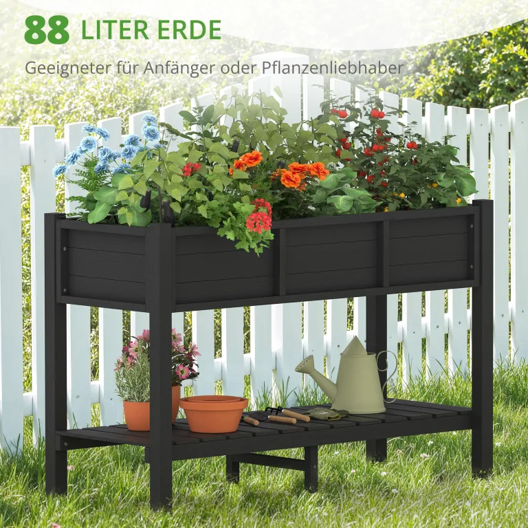 LUE BONA Hochbeet mit Werkzeugen, 113 x 45 x 73cm, HDPS - Hochbeetkasten mit Beinen und Ablagefach, wetterbeständig, 3 Jahre Garantie, für Kraut - & Gemüseanbau, Garten, Balkon, schwarz – Bild 2