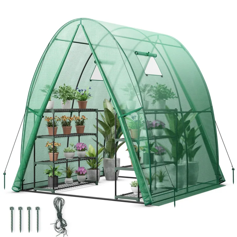GOPLUS Gewächshaus, Tomatengewächshaus mit PE-Abdeckung & Metallrahmen, begehbares Foliengewächshaus mit Aufrollfenster & Aufrolltor, Treibhaus für Blumen, Pflanzen, 181 x 181 x 200 cm (Transparent) – Bild 10