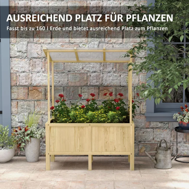 Outsunny Hochbeet aus Holz, Frühbeet mit Deckel, Pflanzkasten mit Vliesstoff, Blumenkasten Kräuterbeet für Garten, Balkon, 110 x 60 x 152 cm, Natur – Bild 3