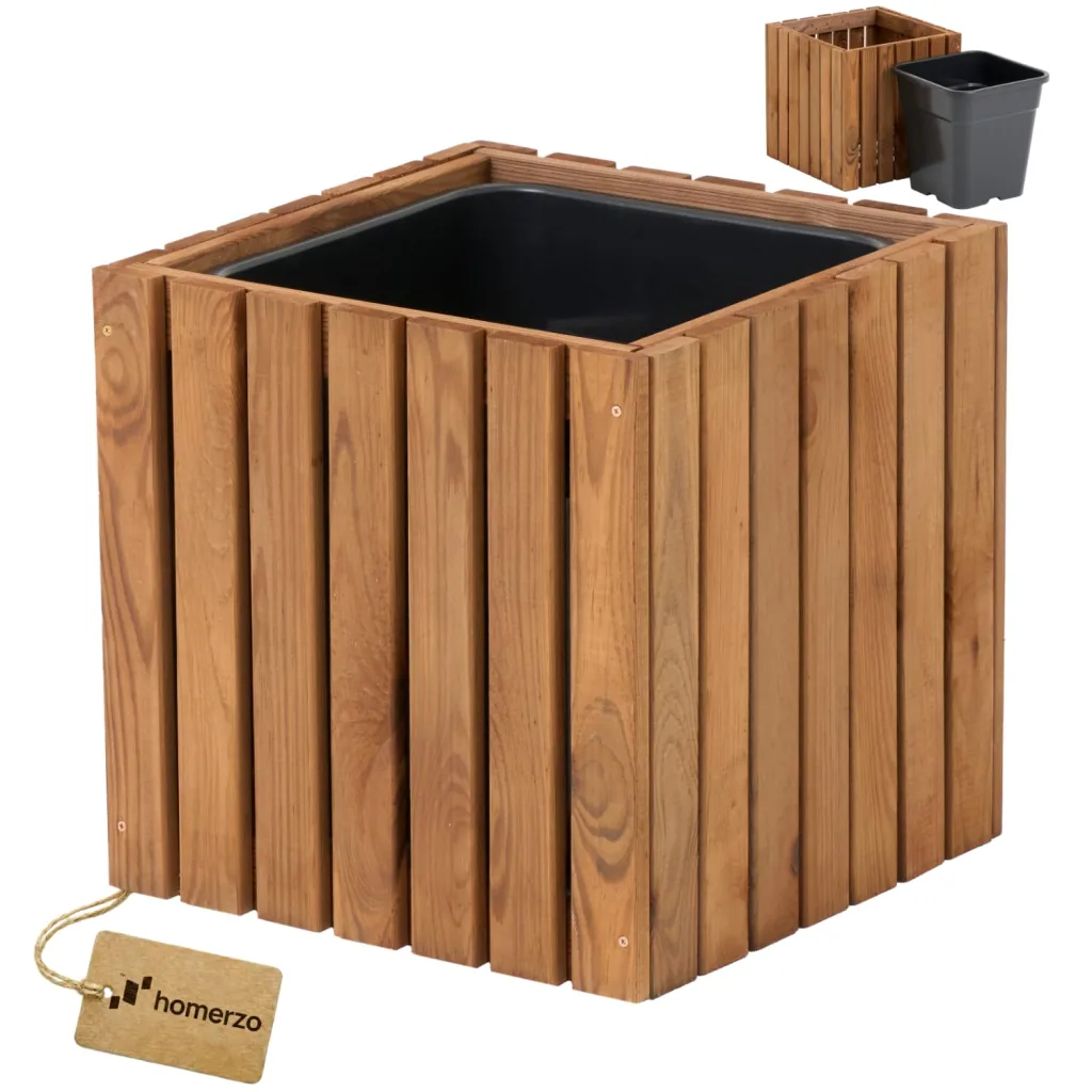 Pflanzkübel Holz – imprägniert wetterfest – mit herausnehmbarem Kunststoffeinsatz – Pflanztopf Blumenkasten für Balkon Garten Terrasse (Vertikal-braun 36x36 H35 cm)