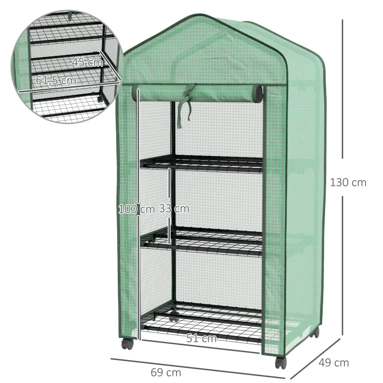 Outsunny Garten-Gewächshaus aus Polyethylen mit Regalen, 3 Ebenen, Balkongewächshaus, Polyethylen-Plane, Gestell aus Stahl, Tür mit Reißverschluss, aufrollbar, für Gemüse, Pflanzen, Blumen, 69 x 49 x – Bild 7