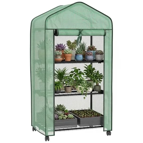 Outsunny Garten-Gewächshaus aus Polyethylen mit Regalen, 3 Ebenen, Balkongewächshaus, Polyethylen-Plane, Gestell aus Stahl, Tür mit Reißverschluss, aufrollbar, für Gemüse, Pflanzen, Blumen, 69 x 49 x – Bild 10