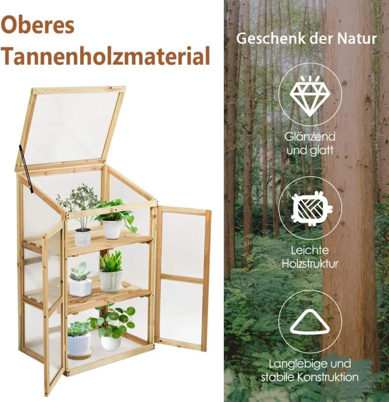 COSTWAY 3 Etagen Frühbeet Holz, Hochbeet wetterfest, Gewächshaus mit 2 Türen & Deckel, Polycarbonat-Fenster, Pflanzenbeet Aufzuchtschrank Treibhaus, für Garten Balkon, 60 x 45 x 100 cm, Natur – Bild 6