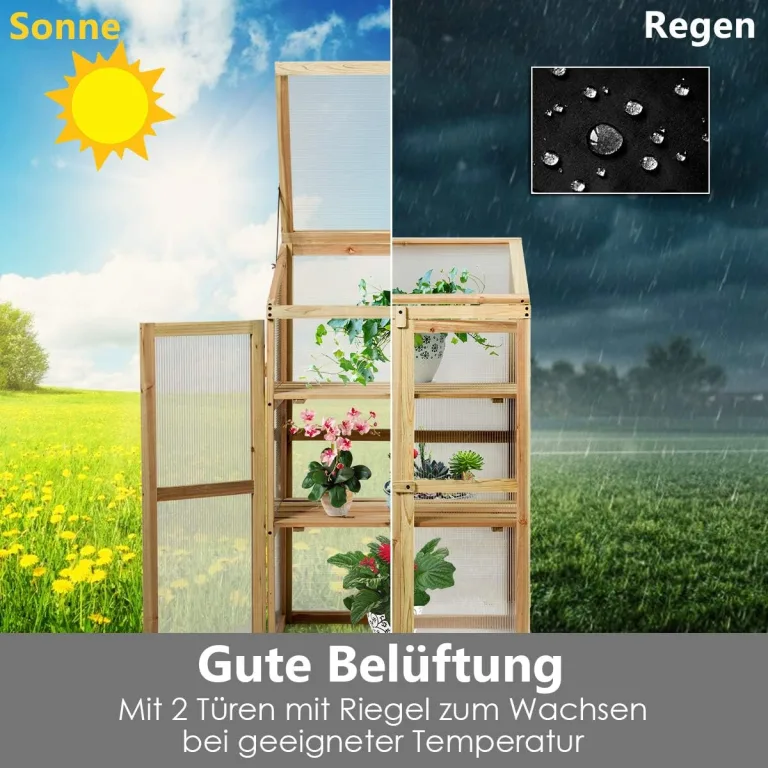 COSTWAY 3 Etagen Frühbeet Holz, Hochbeet wetterfest, Gewächshaus mit 2 Türen & Deckel, Polycarbonat-Fenster, Pflanzenbeet Aufzuchtschrank Treibhaus, für Garten Balkon, 60 x 45 x 100 cm, Natur – Bild 2