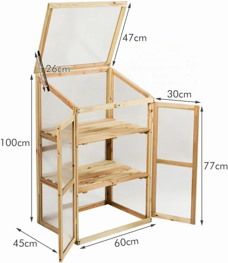 HOMASIS Gewächshaus mit 3 Ablagen, Anlehngewächshaus Tomaten mit 2 Türen & Oberlicht, Holz Frühbeet Pflanzenhaus Winterfest klein, 60x45x100cm, Teibhaus Gartenhaus für Garten & Balkon, Transparent – Bild 3