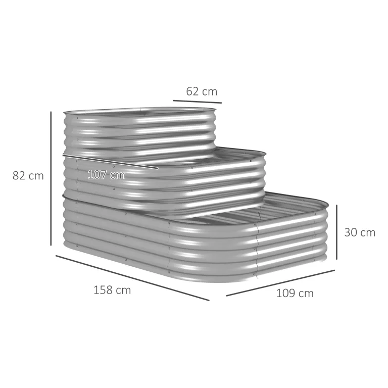 Outsunny Hochbeet aus Metall, 3-stufiger Pflanzkasten, DIY Blumenkasten, Kräuterbeet mit Sicherheitskanten, Gemüsebeet für Garten, Balkon, Silber, 158 x 109 x 82 cm – Bild 7