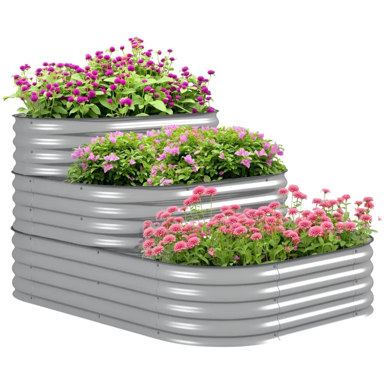 Outsunny Hochbeet aus Metall, 3-stufiger Pflanzkasten, DIY Blumenkasten, Kräuterbeet mit Sicherheitskanten, Gemüsebeet für Garten, Balkon, Silber, 158 x 109 x 82 cm – Bild 1