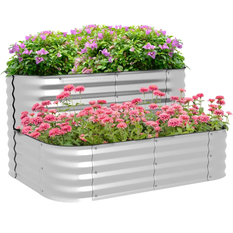 Outsunny Hochbeet Metall, 2-Stufiger Blumenkasten, Pflanzkasten, Gemüsebeet mit Schrauben, Kräuterbeet für Garten, Balkon, Silber, 118 x 45 x 30 cm – Bild 1