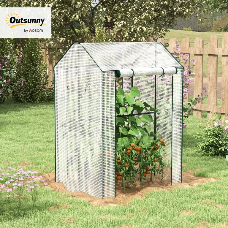 Outsunny Foliengewächshaus, Gewächshaus mit Doppeltür, Treibhaus, Winddichtes Tomatenhaus für Garten, Weiß, 100 x 80 x 150 cm – Bild 2