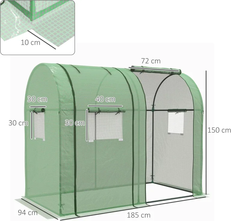 Outsunny Foliengewächshaus, Gewächshaus, Winddichtes Treibhaus mit 2 Rolltüren, Seitenfenster, Tomatenhaus mit UV-Schutz für Garten, PE, Grün, 185 x 94 x 150 cm – Bild 7