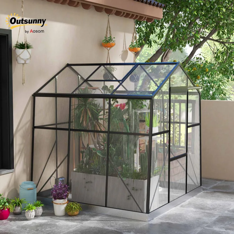 Outsunny Gewächshaus Aluminium 192 x 192 x 204 cm Treibhaus 3,68 m² Tomatenhaus mit Fenster, Schiebetür, Fundament, Aufzucht Pflanzenhaus für Garten, Balkon, Schwarz – Bild 2