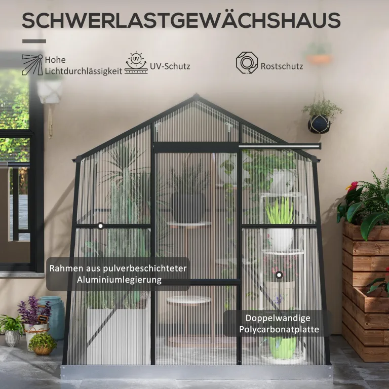 Outsunny Gewächshaus Aluminium 192 x 192 x 204 cm Treibhaus 3,68 m² Tomatenhaus mit Fenster, Schiebetür, Fundament, Aufzucht Pflanzenhaus für Garten, Balkon, Schwarz – Bild 3
