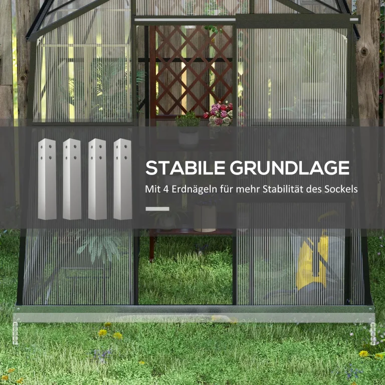 Outsunny Gewächshaus Aluminium 192 x 192 x 204 cm Treibhaus 3,68 m² Tomatenhaus mit Fenster, Schiebetür, Fundament, Aufzucht Pflanzenhaus für Garten, Balkon, Schwarz – Bild 4