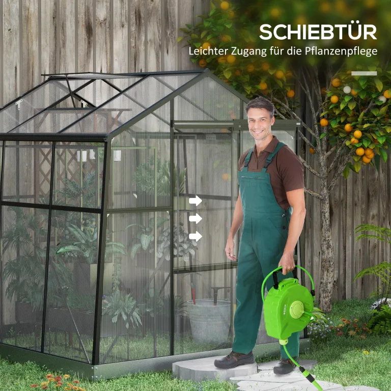 Outsunny Gewächshaus Aluminium 192 x 192 x 204 cm Treibhaus 3,68 m² Tomatenhaus mit Fenster, Schiebetür, Fundament, Aufzucht Pflanzenhaus für Garten, Balkon, Schwarz – Bild 5