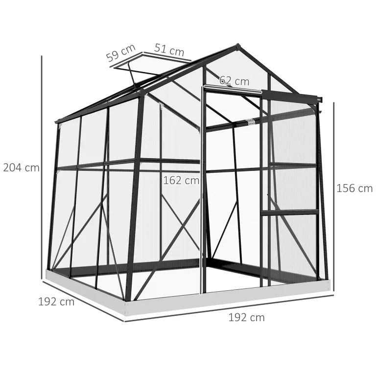 Outsunny Gewächshaus Aluminium 192 x 192 x 204 cm Treibhaus 3,68 m² Tomatenhaus mit Fenster, Schiebetür, Fundament, Aufzucht Pflanzenhaus für Garten, Balkon, Schwarz – Bild 7