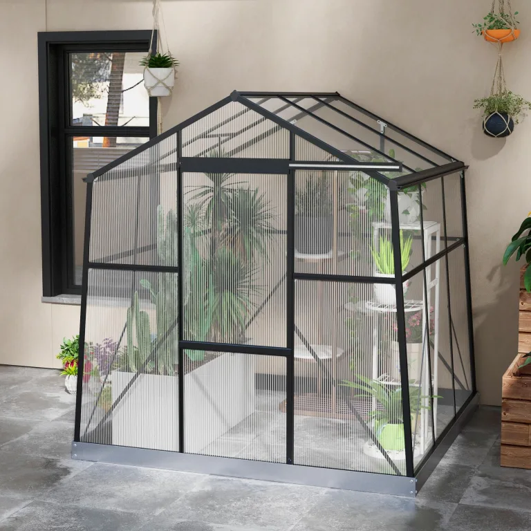 Outsunny Gewächshaus Aluminium 192 x 192 x 204 cm Treibhaus 3,68 m² Tomatenhaus mit Fenster, Schiebetür, Fundament, Aufzucht Pflanzenhaus für Garten, Balkon, Schwarz – Bild 9