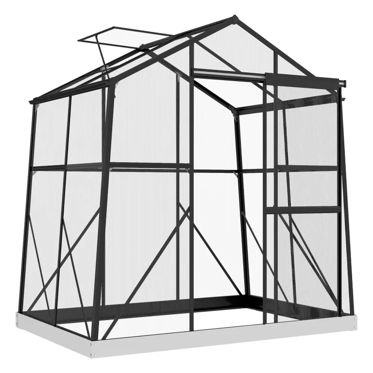 Outsunny Gewächshaus Aluminium 192 x 192 x 204 cm Treibhaus 3,68 m² Tomatenhaus mit Fenster, Schiebetür, Fundament, Aufzucht Pflanzenhaus für Garten, Balkon, Schwarz – Bild 10