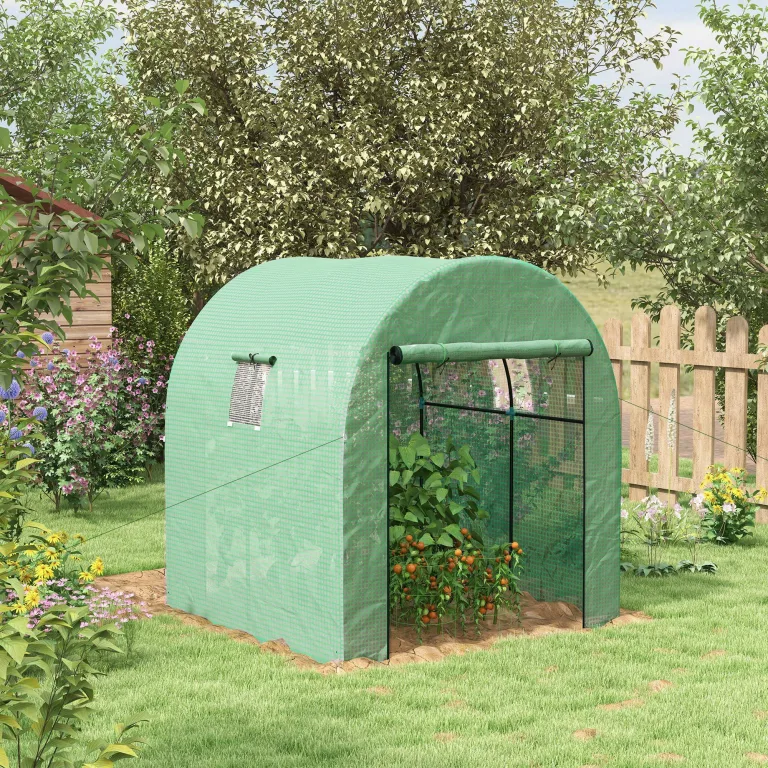 Outsunny Tunnel Garten Gewächshaus 1.8x1.8x2m, Anti-UV Garten Gewächshaus mit Rolltüren und Fenster, Stahl und PE, Grün – Bild 2