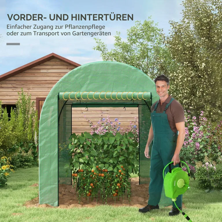 Outsunny Tunnel Garten Gewächshaus 1.8x1.8x2m, Anti-UV Garten Gewächshaus mit Rolltüren und Fenster, Stahl und PE, Grün – Bild 4