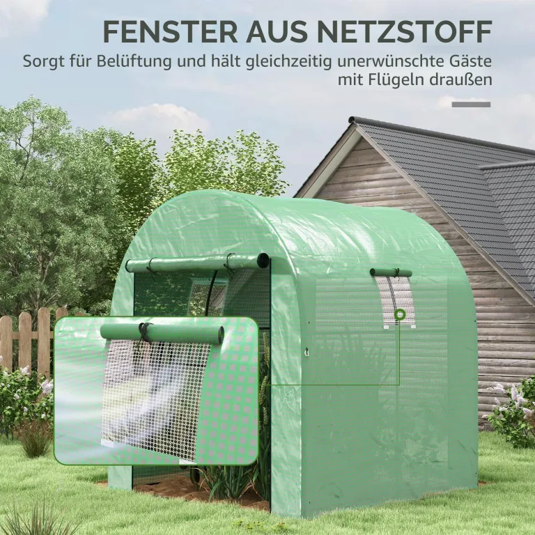 Outsunny Tunnel Garten Gewächshaus 1.8x1.8x2m, Anti-UV Garten Gewächshaus mit Rolltüren und Fenster, Stahl und PE, Grün – Bild 5