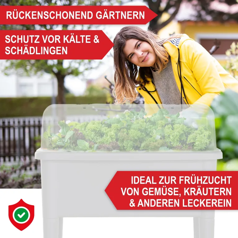 Onbest Hochbeet/Frühbeet – mit Abdeckhaube/Wasseranzeige – aus robustem Kunststoff – ideal für Garten/Terrasse/Balkon – Kräuterhochbeet zur Anzucht – Pflanzkasten inkl. Gartenwerkzeug (Weiß) – Bild 8