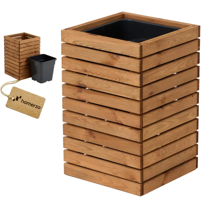 Pflanzkübel Holz – imprägniert wetterfest – mit herausnehmbarem Kunststoffeinsatz – Hochbeet Blumenkasten für Balkon Garten Terrasse (Vertikal-braun 67x36 H35 cm) – Bild 8