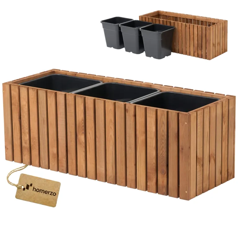 Pflanzkübel Holz – imprägniert wetterfest – mit herausnehmbarem Kunststoffeinsatz – Hochbeet Blumenkasten für Balkon Garten Terrasse (Vertikal-braun 67x36 H35 cm) – Bild 9