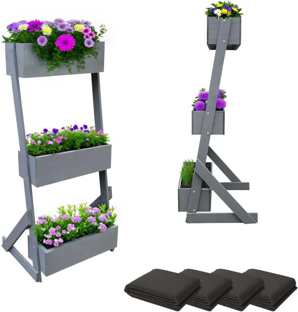 Vertikalbeet Petra Hochbeet Holz 3 Etagen Blumentreppe Kräuterbeet Frühbeet Pflanzkasten inkl. Gartenvlies - Stufenbeet 66 x 49 x 140 cm für Terrasse Balkon & Wintergarten