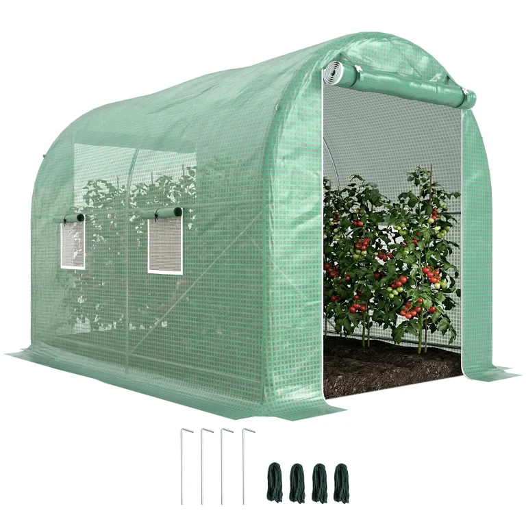 Outsunny Gewächshaus, Tunnel, Bodenfläche, 6 m², 3 x 2 x 2,10 m, verstärktes Rohrgestell, Tür mit Reißverschluss, 4 aufrollbare Fenster, Grün – Bild 1