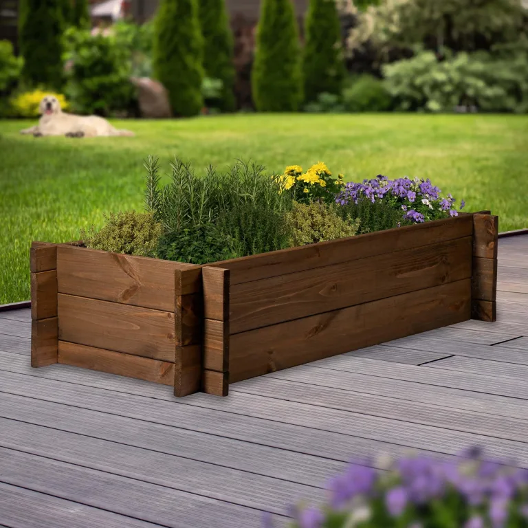 dobar® Hochbeet Massivholz Stecksystem Gr. M stapelbar - Pflanzkasten inkl. Pflanzfolie - 117 x 58,5 x 27,5 cm - Dunkelbraun – Bild 4