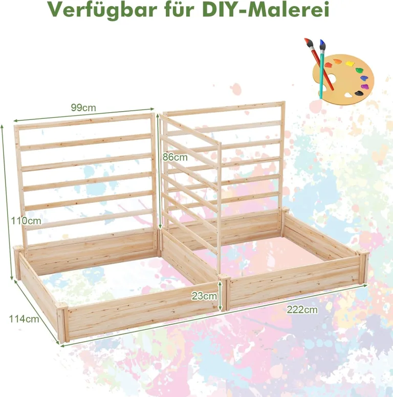 GOPLUS Blumenkasten mit Rankgitter, Hochbeet mit 3 Spalieren, Pflanzkasten mit Rankhilfe, Gartenbeet Gartenspalier aus Tannenholz, für Kletterpflanzen (222 x 114 x 110 cm) – Bild 6