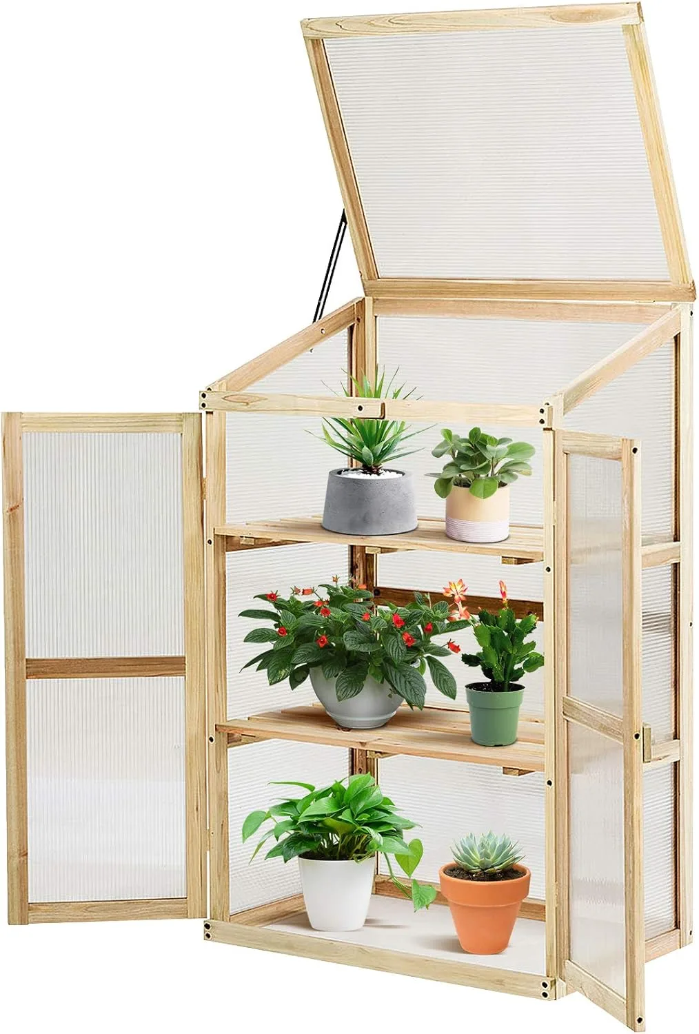 GOPLUS Frühbeet, Frühbeetkasten mit Abdeckung, Gewächshaus aus Tannenholz & Polycarbonat, Hochbeet Treibhaus für Garten & Balkon, 60 x 45 x 100 cm - Bild 1
