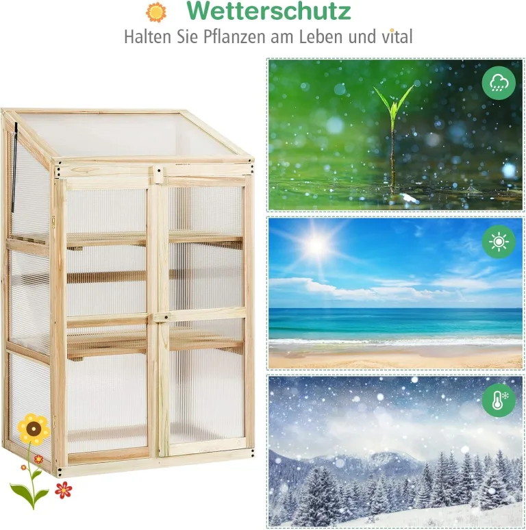 GOPLUS Frühbeet, Frühbeetkasten mit Abdeckung, Gewächshaus aus Tannenholz & Polycarbonat, Hochbeet Treibhaus für Garten & Balkon, 60 x 45 x 100 cm – Bild 5