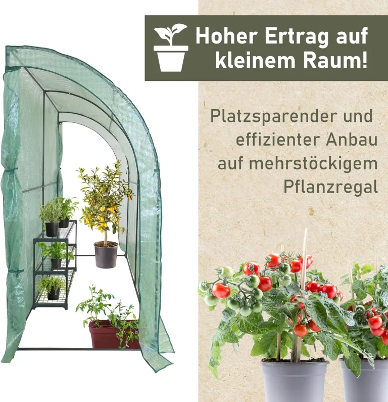NATIV Anlehngewächshaus 200x215x100 cm, begehbares Foliengewächshaus, Treibhaus inklusive Pflanzregal, Tomatenhaus mit 2 Rolltüren, Gewächshaus aus robuster grüner Gewächshausfolie – Bild 3