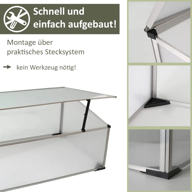 NATIV Frühbeet aus 1 mm dicken Aluminium, Hochbeet Abdeckung mit arretierbarem Dach, Frühbeetkasten mit Polycarbonatplatten, Frühbeetaufsatz für Hochbeet 100 x 60 cm, Mini Gewächshaus – Bild 2