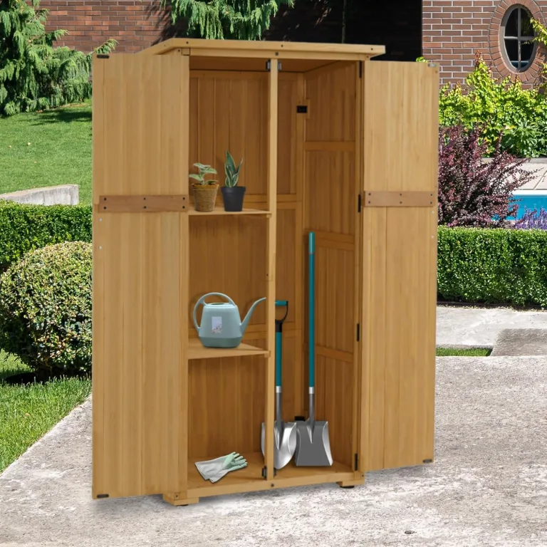 M MCombo Holz Gartenschrank, Outdoor Gerätehaus Geräteschuppen, Gartenhaus Klein Wetterfest, für Außenbereich Balkon Terrasse, 55×90×169cm, 0878 (Natur) – Bild 2