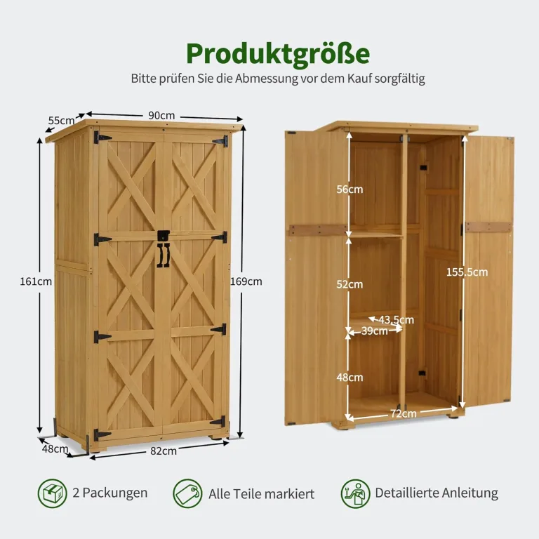M MCombo Holz Gartenschrank, Outdoor Gerätehaus Geräteschuppen, Gartenhaus Klein Wetterfest, für Außenbereich Balkon Terrasse, 55×90×169cm, 0878 (Natur) – Bild 3