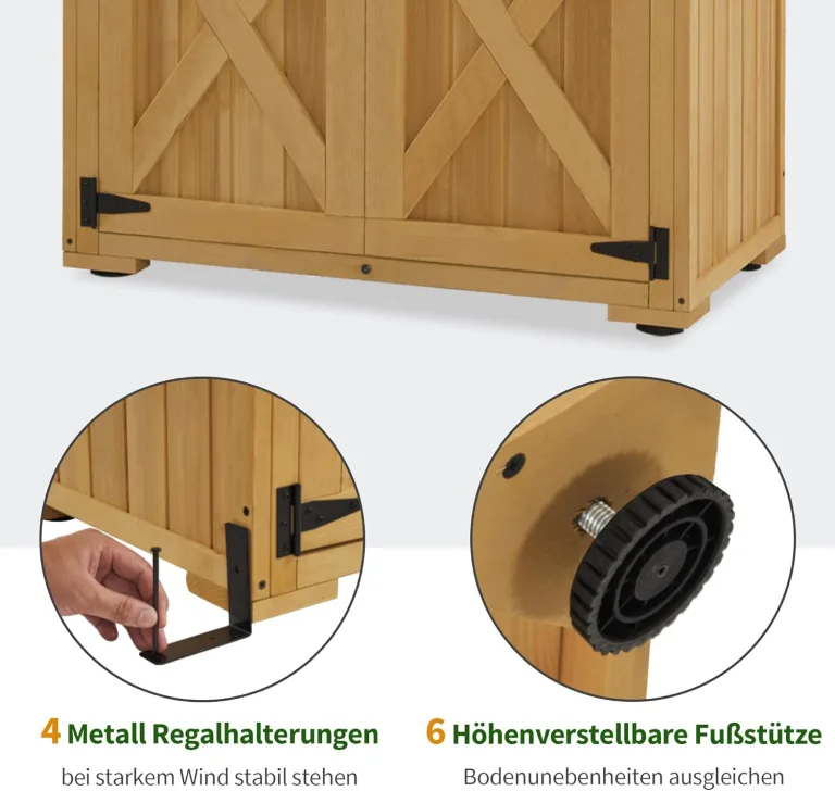 M MCombo Holz Gartenschrank, Outdoor Gerätehaus Geräteschuppen, Gartenhaus Klein Wetterfest, für Außenbereich Balkon Terrasse, 55×90×169cm, 0878 (Natur) – Bild 5
