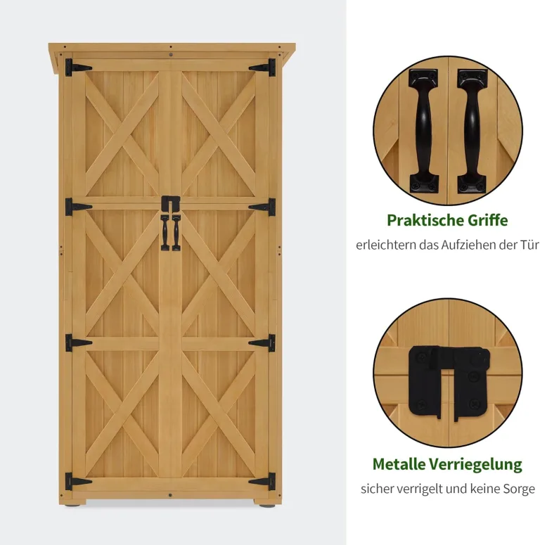 M MCombo Holz Gartenschrank, Outdoor Gerätehaus Geräteschuppen, Gartenhaus Klein Wetterfest, für Außenbereich Balkon Terrasse, 55×90×169cm, 0878 (Natur) – Bild 6
