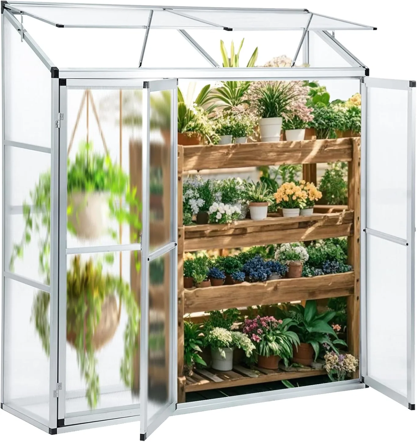 Anlehngewächshaus Tomaten Gewächshaus 180x52x190cm Aluminium Beistell-Gewächshaus, Treibhaus Gartenhaus Frühbeet Ohne Rückwand, Gewächshaus Winterfest Klein, Minigewächshaus, Silber - Bild 1